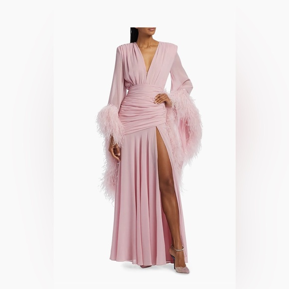 NWOT BRONX AND BANCO Geisha Pink Maxi Dress Elegant Feathered Gown - Picture 4 of 15
